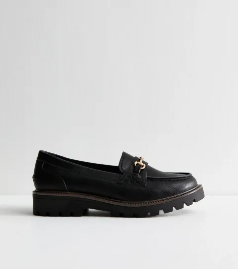 Women's Black Faux Leather Buckle Detail Loafers Vegan