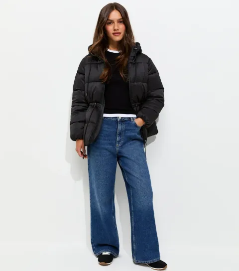Women's Petite Black Cinched Waist Puffer Jacket
