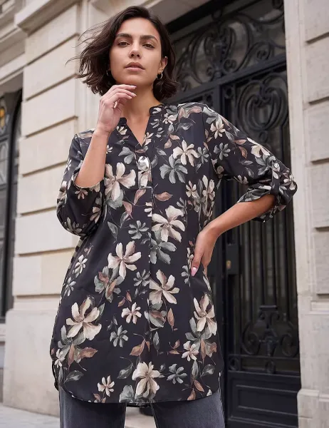 Roman Floral Button Detail Longline Top Stone