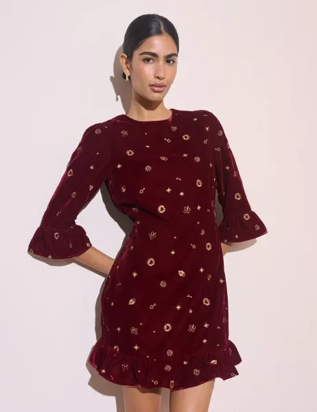 Nobody's Child X Elizabeth Scarlett Embroidered Crew Neck Zip Up Mini Tea Dress