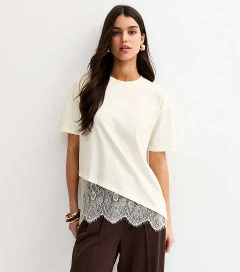 Women's Off White Cotton Scalloped Lace T-Shirt