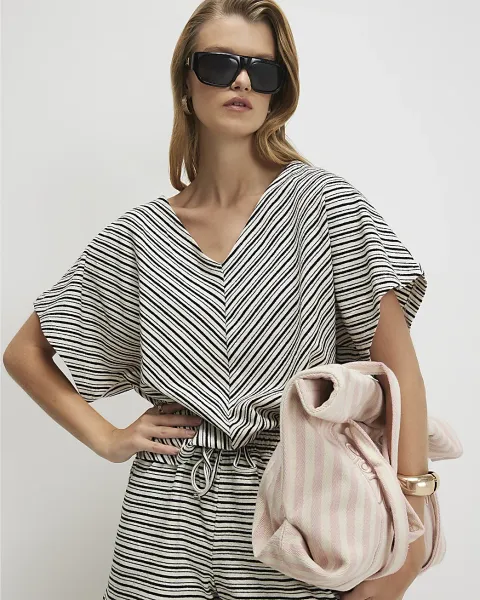River Island Cotton Stripe V Neck Batwing T-Shirt