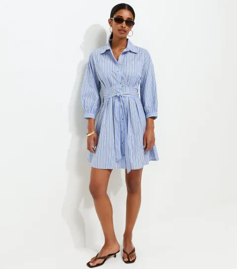 Women's Blue Cotton Striped Puff Sleeve Mini Shirt Dress