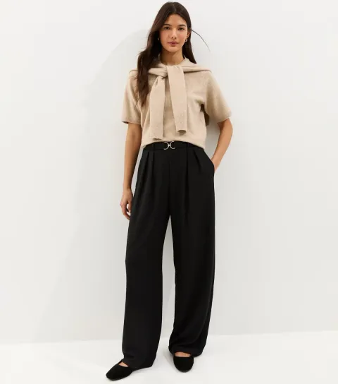 Women's Black Belt Detail Pleated Crinkle Texture Wide Leg Trousers