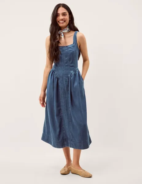 Monsoon Denim Square Neck Midi Skate Dress Blue Denim