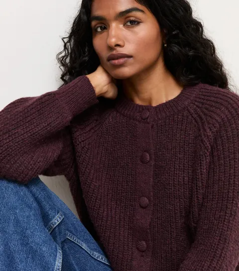 Women's Petite Dark Burgundy Rib Knit Raglan Sleeve Cardigan