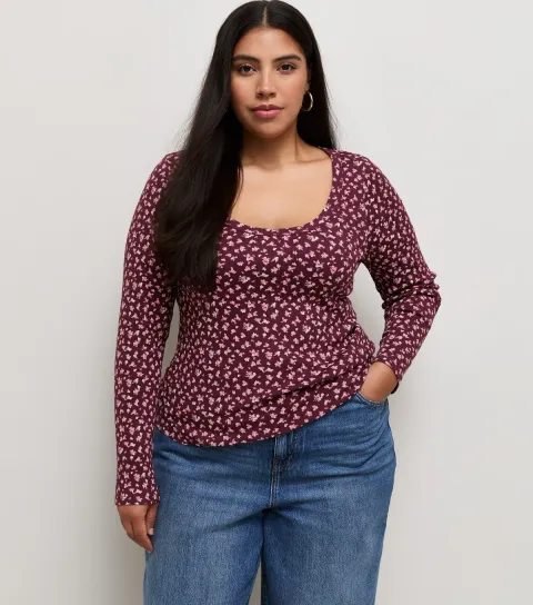 New Look Women's Plus Size Red Floral Cotton Rich Scoop Neck Long Sleeve Top Curves