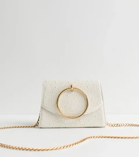 Cream Faux Pearl Embellished Chain Shoulder Bag