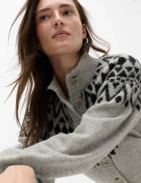 Marks & Spencer Fair Isle Funnel Neck Button Front Slim Fit Cardigan with Wool Grey Mix