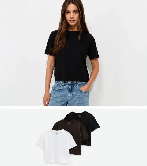 Women's Brown Black and White Pack Of 3 Cotton Boxy T-Shirts