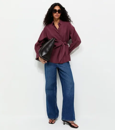 Women's Dark Burgundy Draped Side Tie Shirt