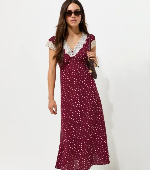 Women's Petite Red Spot Print Lace Insert Tea Midi Dress