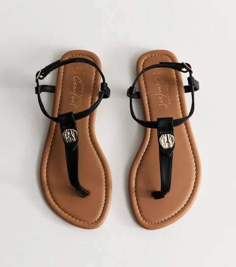 Women's Wide Fit Black Faux Leather Hardware Detail Toe Post Sandals Vegan
