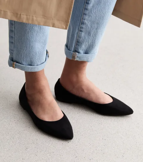 New Look Women's Black Suedette Pointed Ballerina Pumps