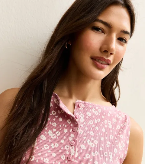Women's Pink Floral Print Button Through Tank Top