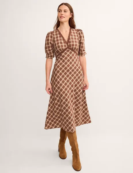 Monsoon Checked V-Neck Midi Tea Dress Brown Mix