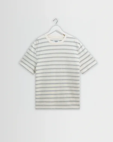 Dean - Ecru and Blue Stitch Stripe Organic Cotton t-Shirt
