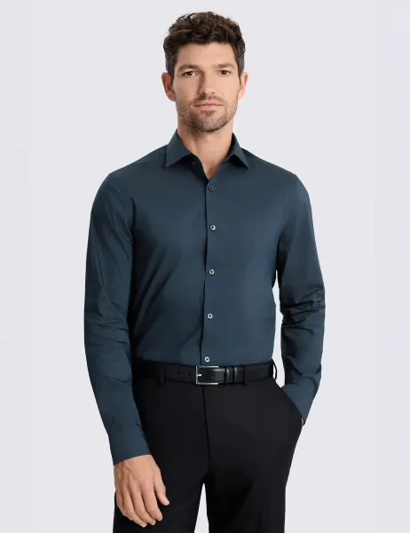 Moss Slim Fit Cotton Rich Stretch Shirt Dark Blue