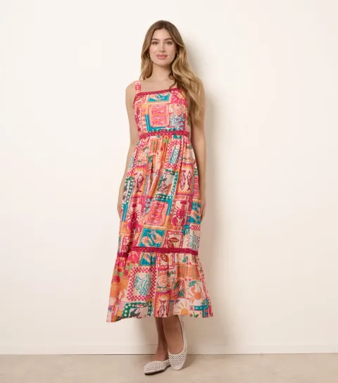 Women's Orange Postcard Print Midi Dress