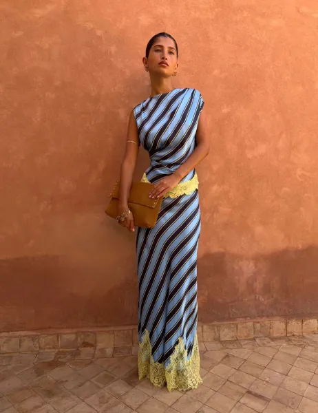 Never Fully Dressed Striped Lace Detail Maxi Wrap Skirt Blue Mix