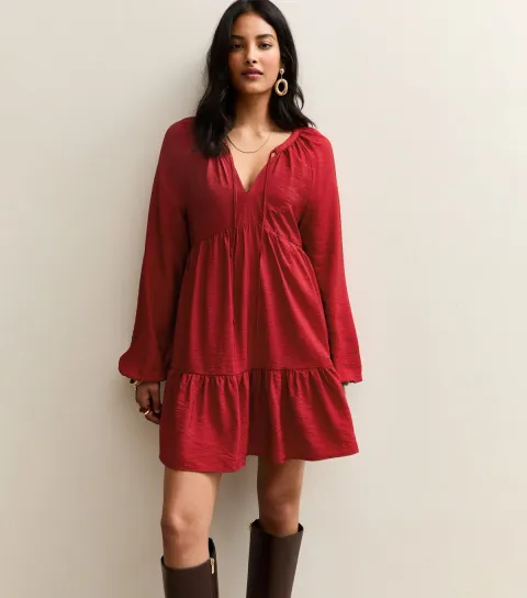 Women's Red Tie Neck Tiered Mini Dress
