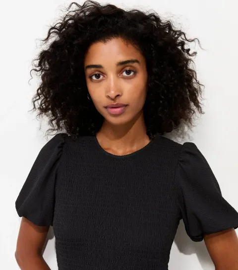 Women's Black Shirred Bodice Textured Midi Dress