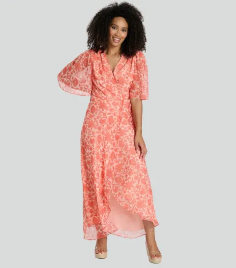 Women's Coral Floral Print Wrap Midi Dress