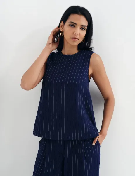 Finery London Textured Striped Sleeveless Shell Top Navy Mix