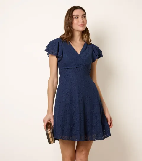 Women's Navy Lace Flutter Sleeve Mini Dress
