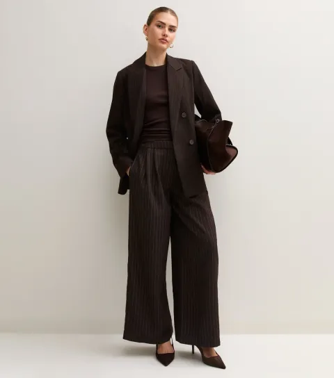 New Look Women's Brown Pinstripe Tailored Wide Leg Trousers