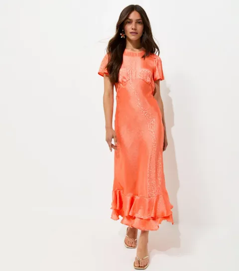 New Look Women's Petite Bright Orange Feather Jacquard Satin Midi Dress