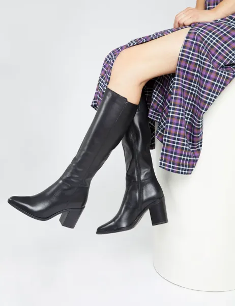 Jones Bootmaker Wide Calf Leather Block Heel Knee High Boots Black