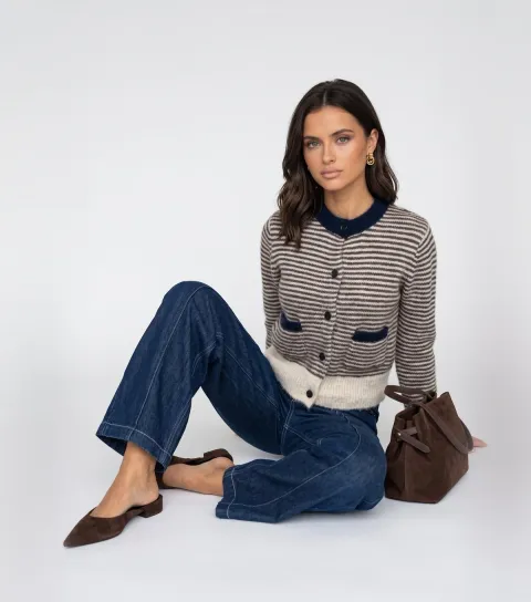 Urban Bliss Women's Navy Contrast Trim Striped Cardigan