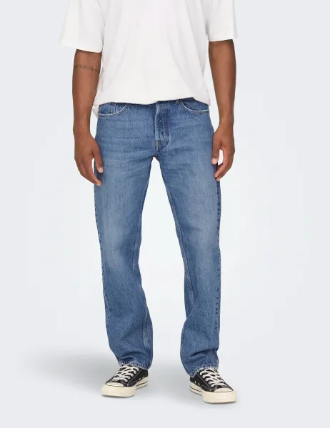 Only & Sons Straight Fit Pure Cotton 5 Pocket Jeans Blue Denim