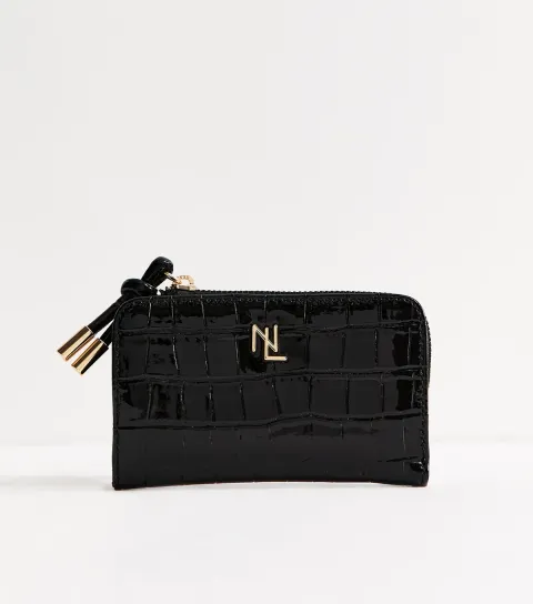 Black Faux Leather Oversized Crocodile Embossed Logo Plaque Cardholder