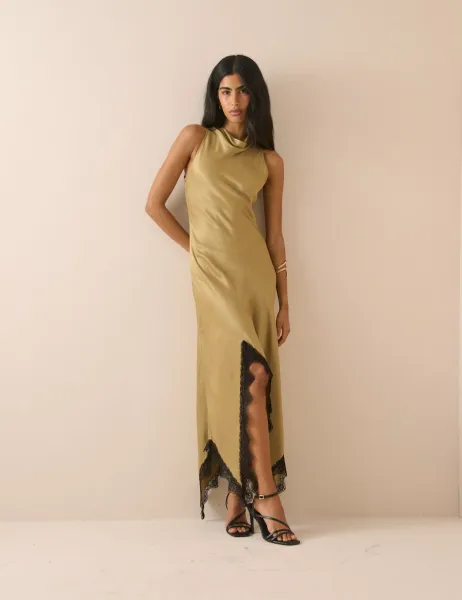 Satin Cowl Neck Midi Skater Dress Green