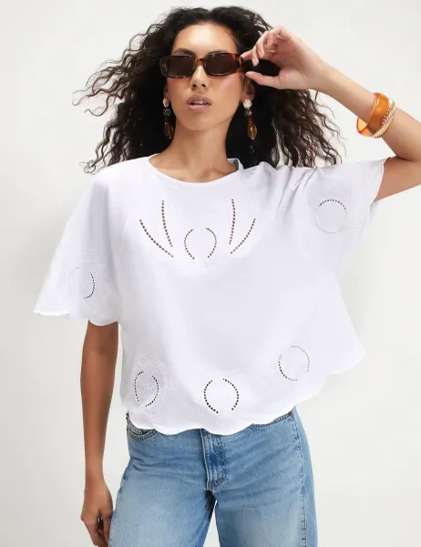 River Island Embroidered Angel Sleeve T-Shirt White Mix