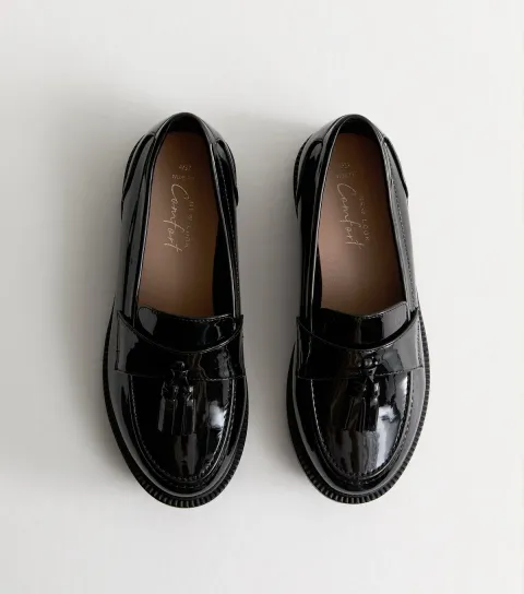 Women's Wide Fit Black Patent Chunky Tassel Loafers Vegan