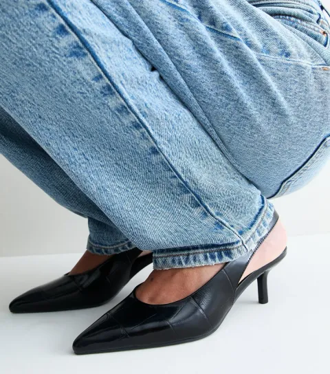 New Look Women's Black Patent Faux Leather Slingback Crocodile Embossed Heels Vegan