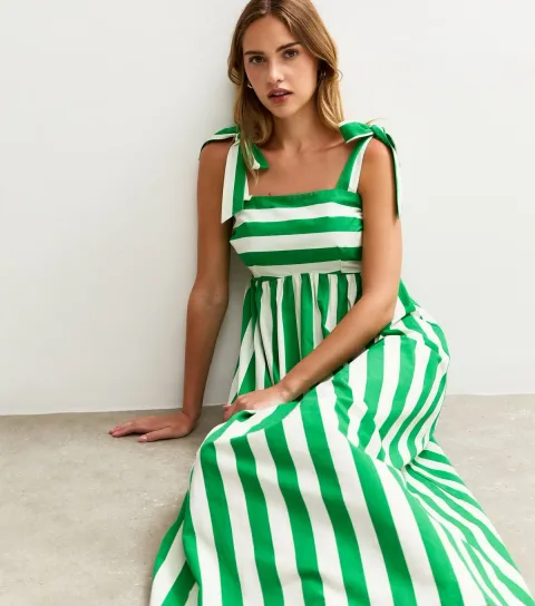 Women's Green Striped Tie Strap Midi Dress