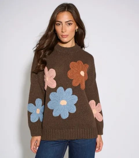 Women's Dark Brown Crochet Flowers Knitted Jumper