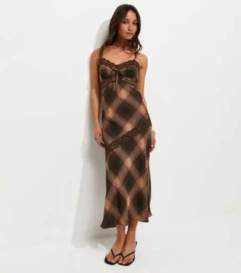 Women's Brown Check Print Lace Trim Strappy Midi Dress