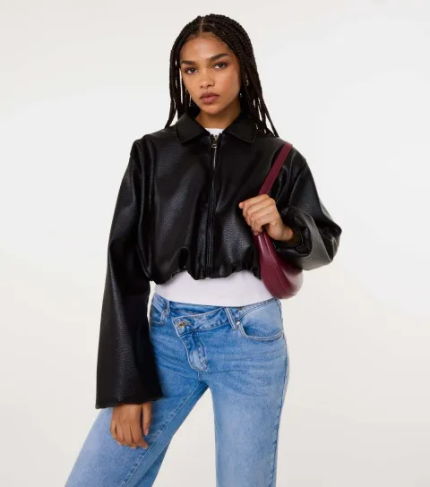 Pink Vanilla Women's Black Faux Leather Puffball Jacket