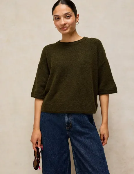 White Stuff Kate Crew Neck Knitted T-Shirt Dark Green