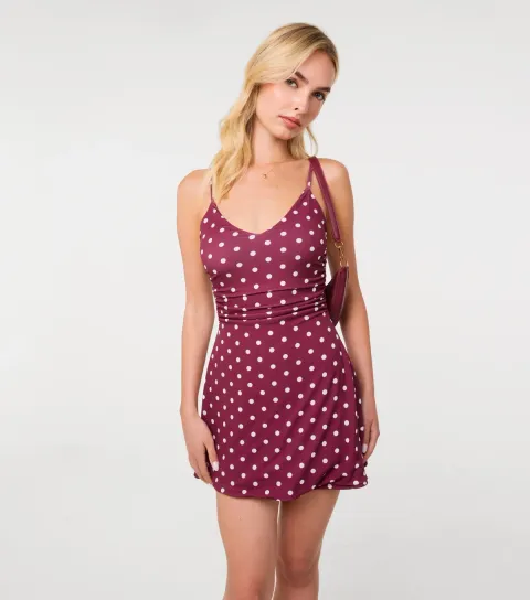 Pink Vanilla Women's Dark Burgundy Slinky Polka Dot Mini Dress