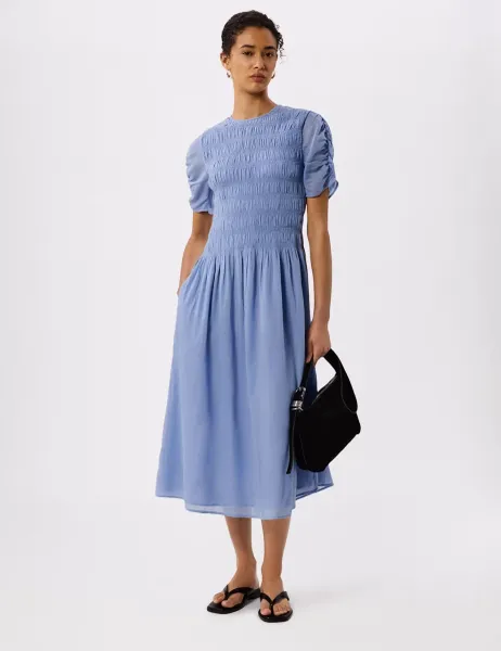 Whistles Pure Cotton Smocked Ruched Midi Dress Pale Blue