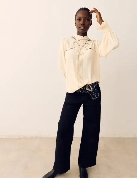 Per Una Broderie High Neck Blouse Ecru