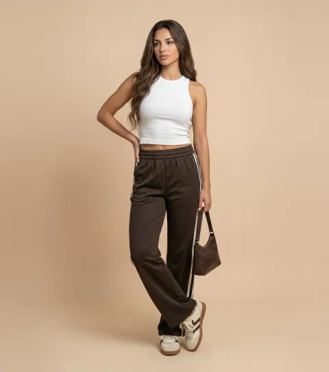 Women's Brown Side Stripe Straight Joggers