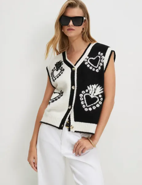 River Island Monochrome Heart V-Neck Waistcoat Black Mix