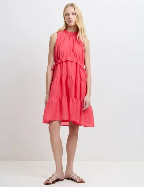 French Connection High Neck Ruffle Midi Tiered Dress Pink
